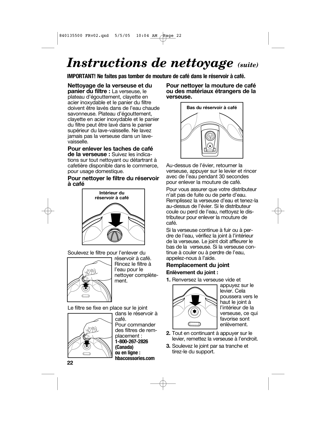 Hamilton Beach 47451 manual Instructions de nettoyage suite, Remplacement du joint, Enlèvement du joint 