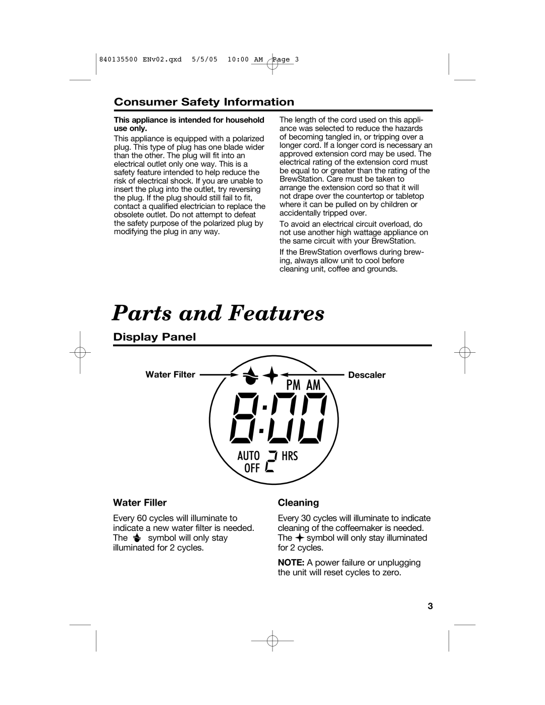 Hamilton Beach 47451 Parts and Features, Consumer Safety Information, Display Panel, Water Filler, Water Filter Descaler 