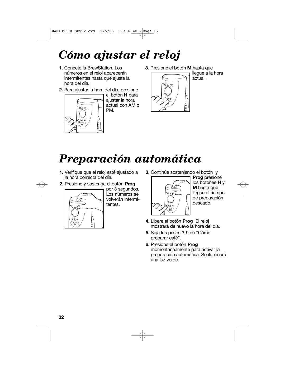 Hamilton Beach 47451 manual Cómo ajustar el reloj, Preparación automática 