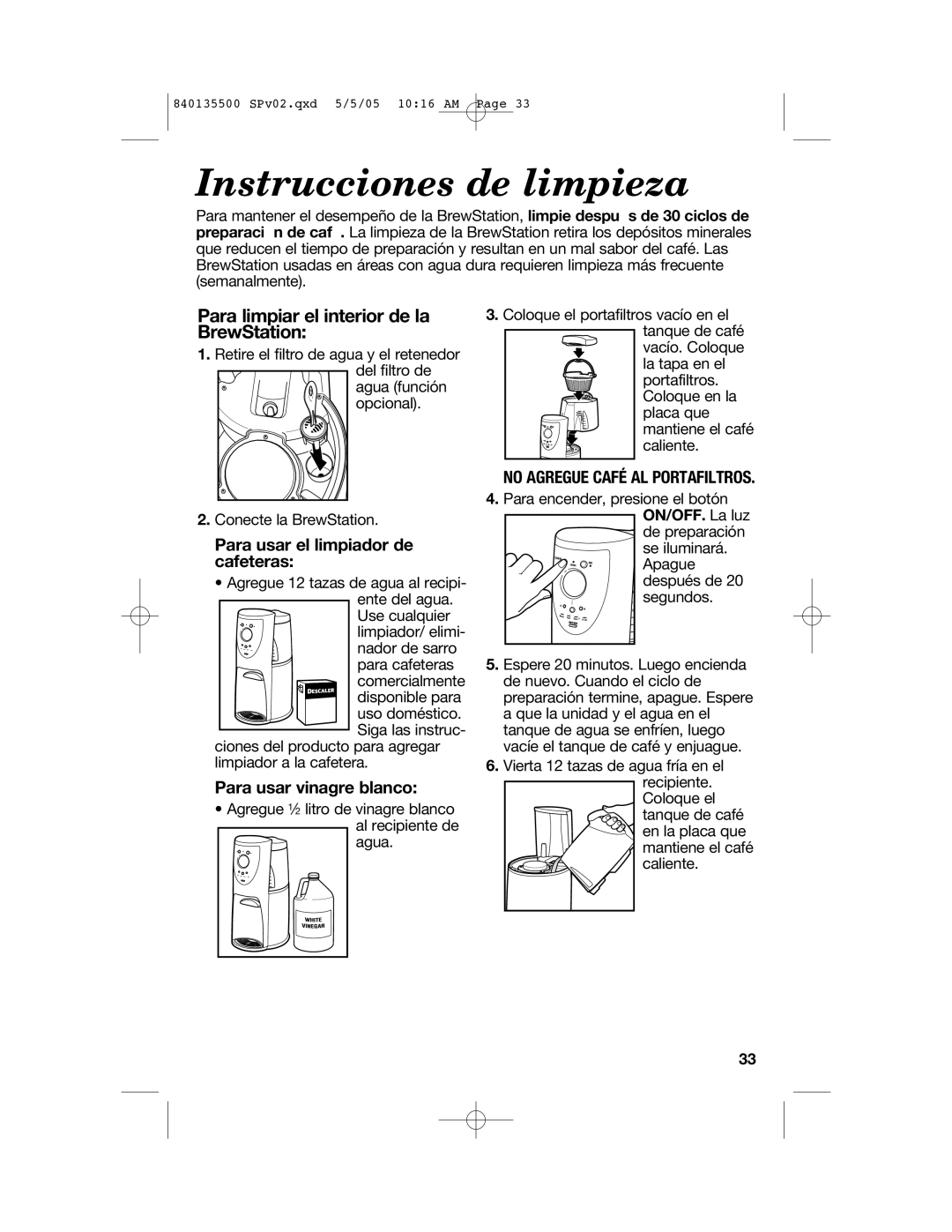 Hamilton Beach 47451 manual Instrucciones de limpieza, Para limpiar el interior de la BrewStation, Para usar vinagre blanco 