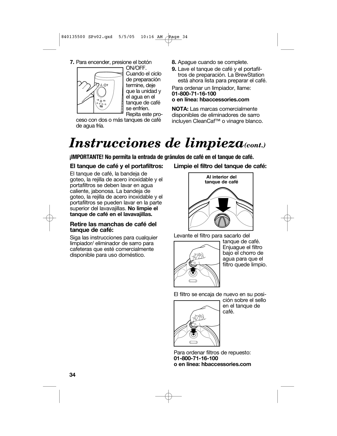 Hamilton Beach 47451 manual Instrucciones de limpiezacont, Retire las manchas de café del tanque de café 