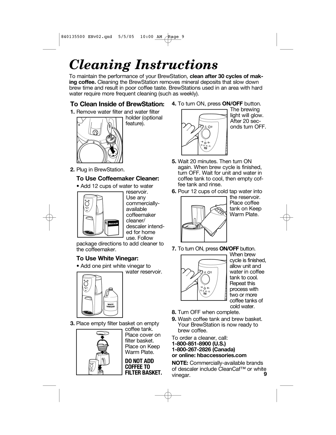 Hamilton Beach 47451 manual Cleaning Instructions, To Clean Inside of BrewStation, To Use Coffeemaker Cleaner 