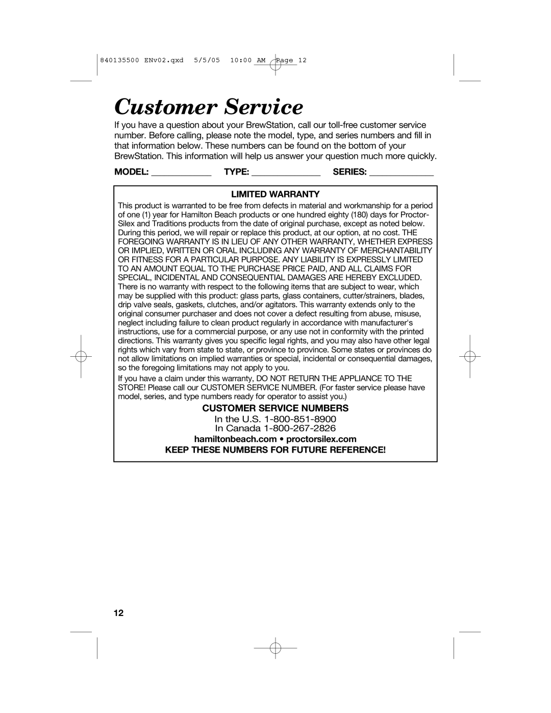 Hamilton Beach 47451 manual Customer Service Numbers, Model Type Series Limited Warranty 