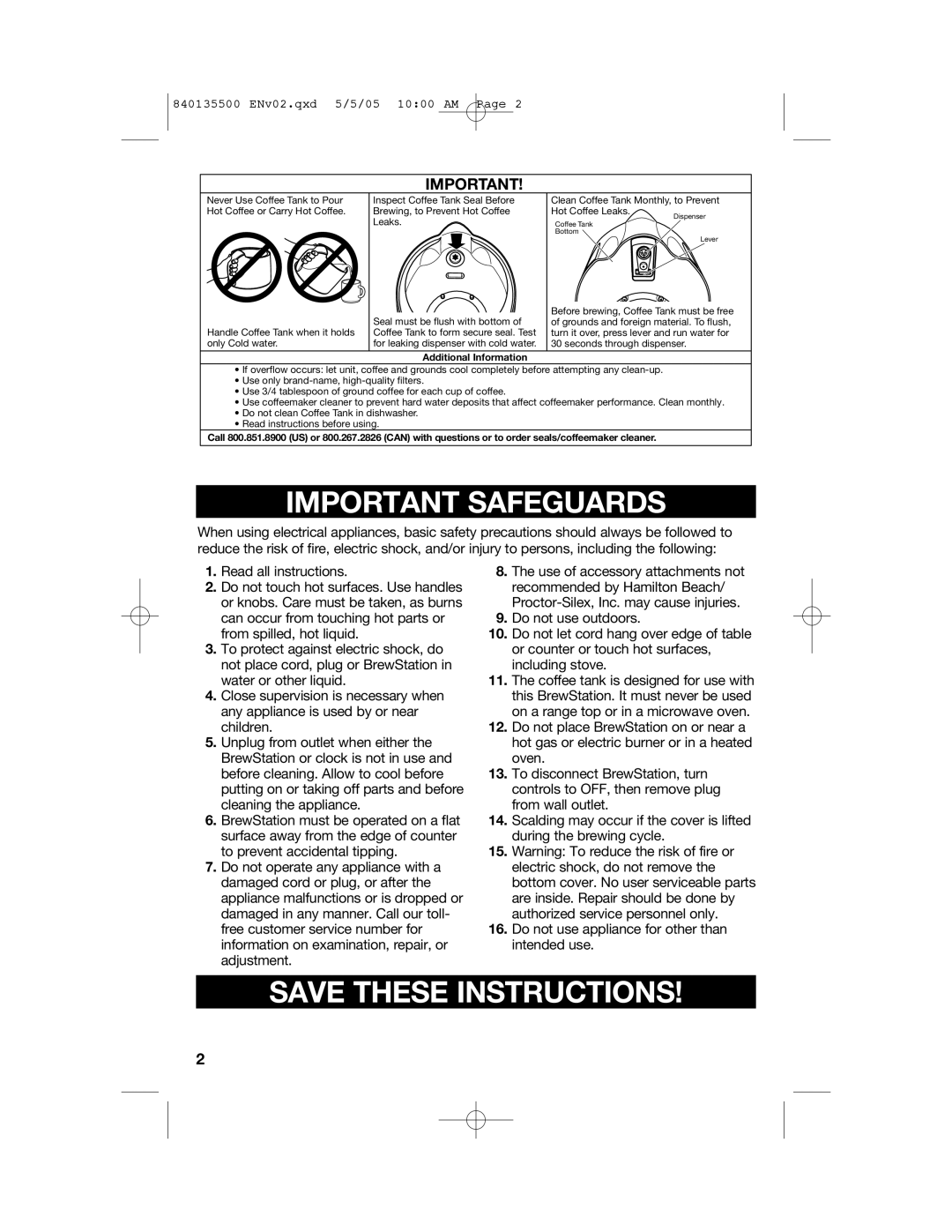 Hamilton Beach 47451 manual Important Safeguards, Save These Instructions 