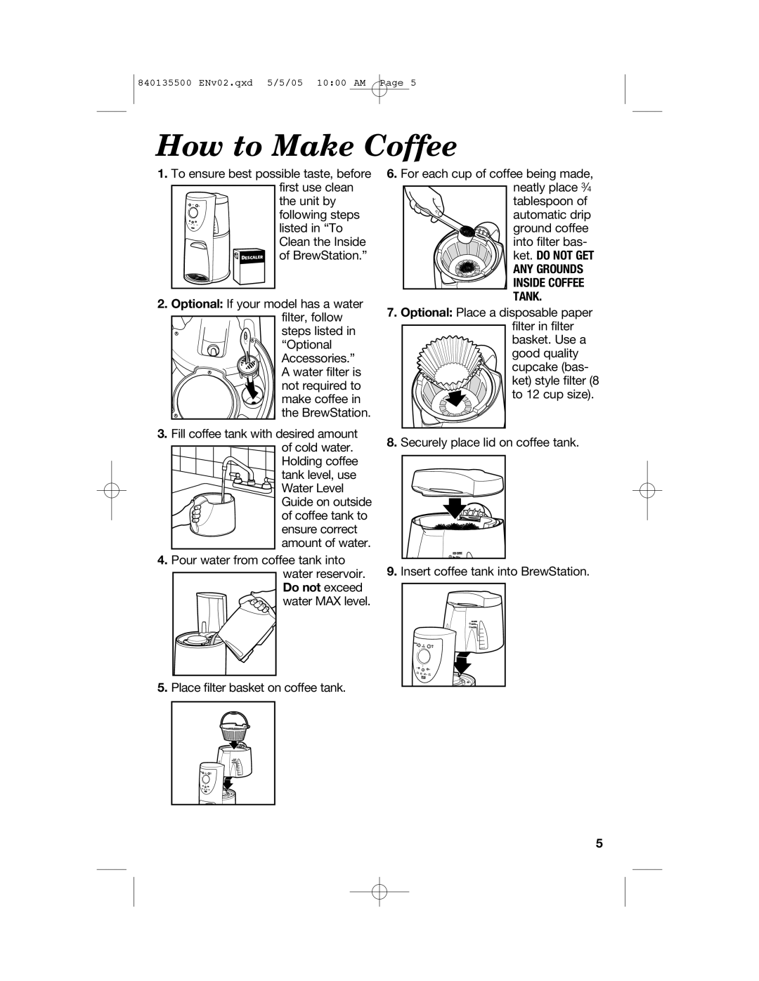 Hamilton Beach 47451 manual How to Make Coffee, Any Grounds Inside Coffee Tank 