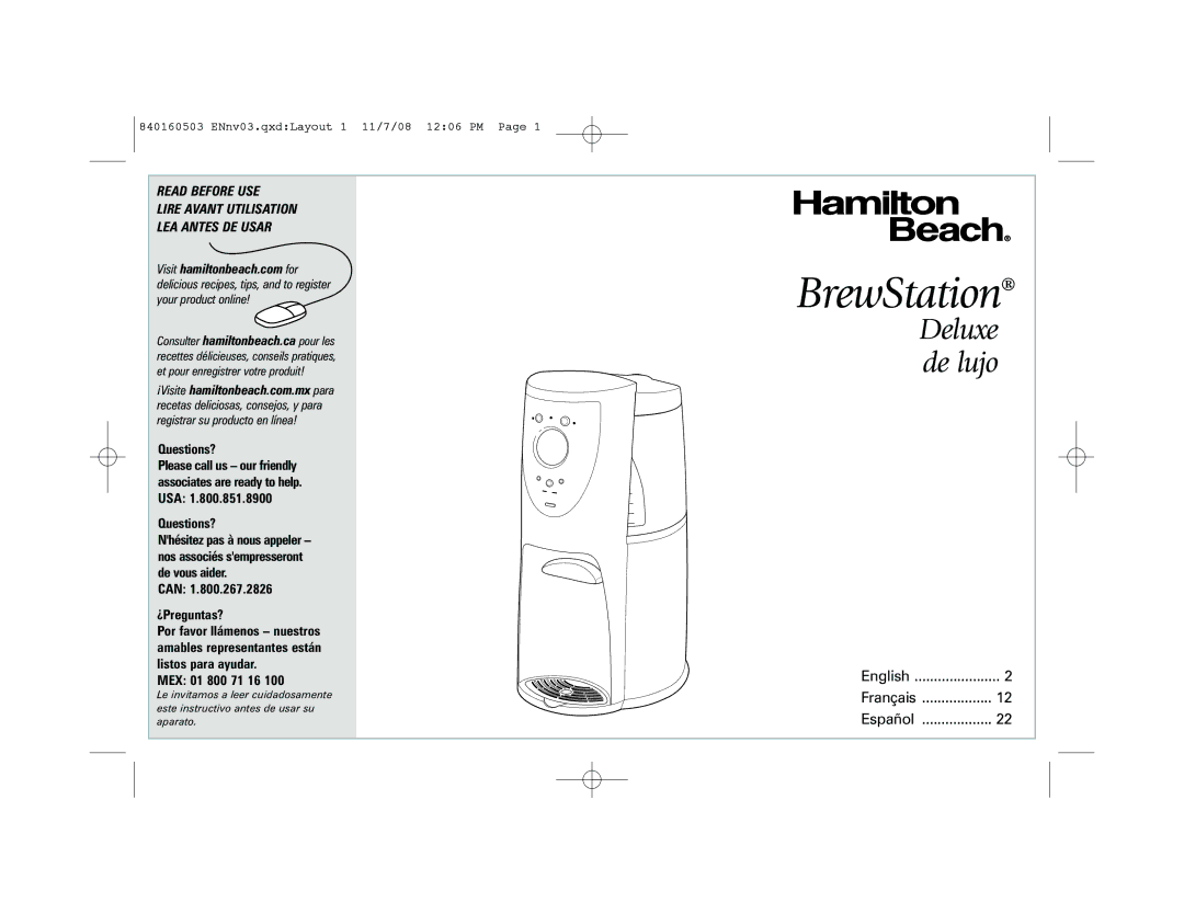 Hamilton Beach 47474C, 47453, 47454H, 47454J, 47494, 47474J manual BrewStation, Questions?, Can ¿Preguntas?, MEX 01 800 71 16 