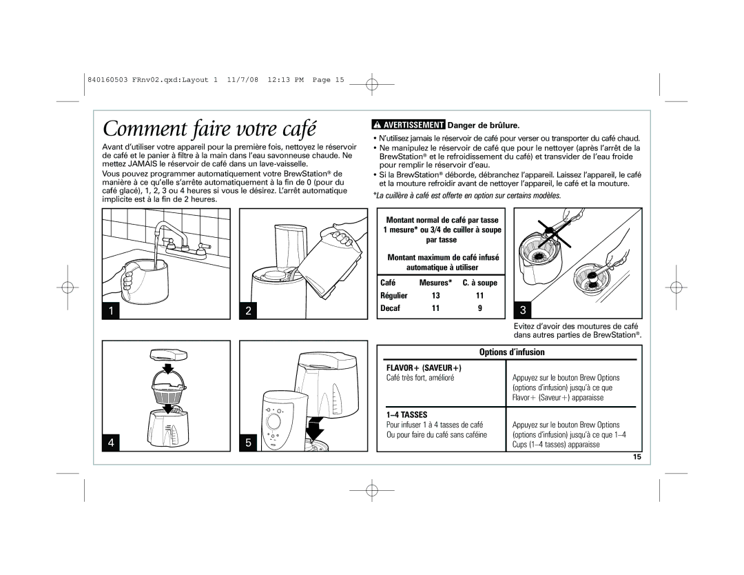 Hamilton Beach 47474C, 47453, 47454H, 47454J Options d’infusion, Avertissement Danger de brûlure, Café, Soupe Régulier Decaf 