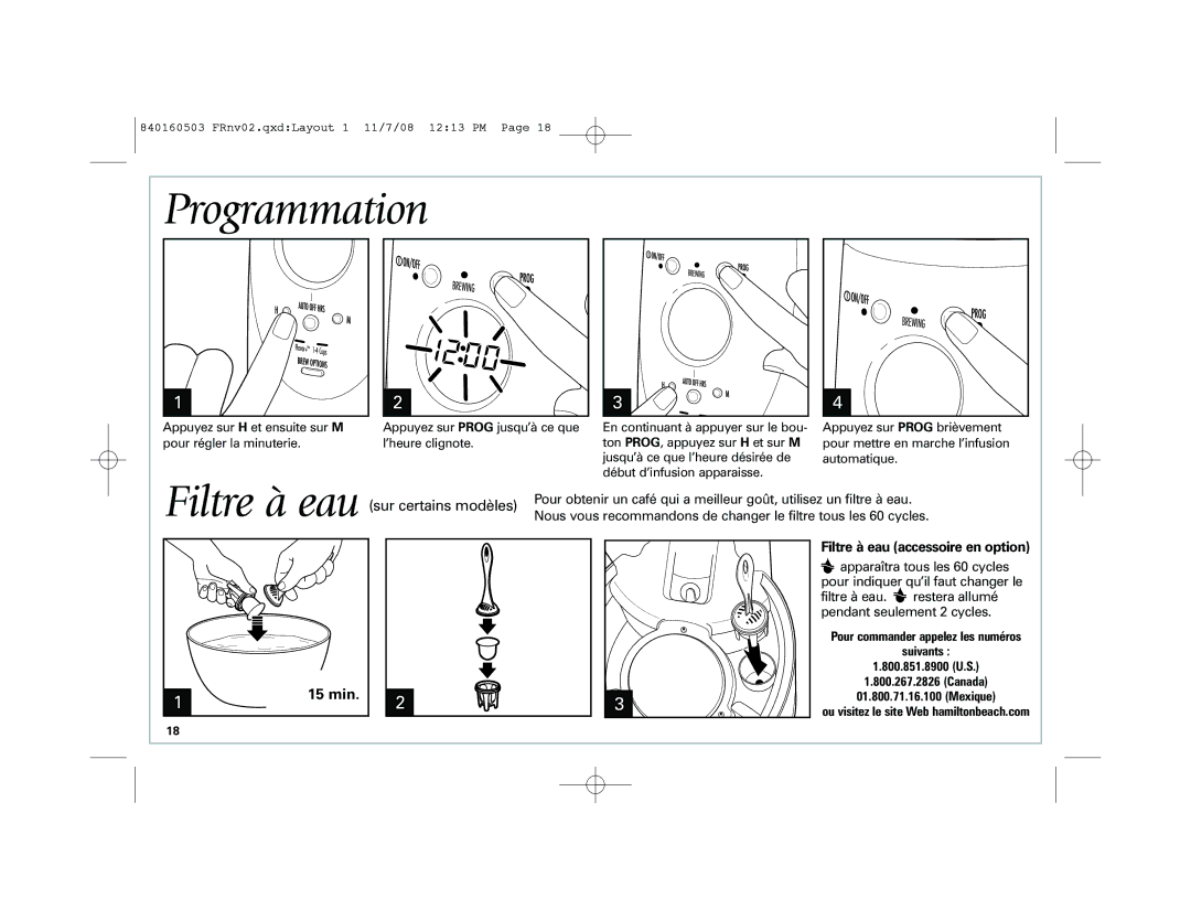 Hamilton Beach 47494, 47453, 47474C, 47454H, 47454J, 47474J manual Programmation, min Filtre à eau accessoire en option 