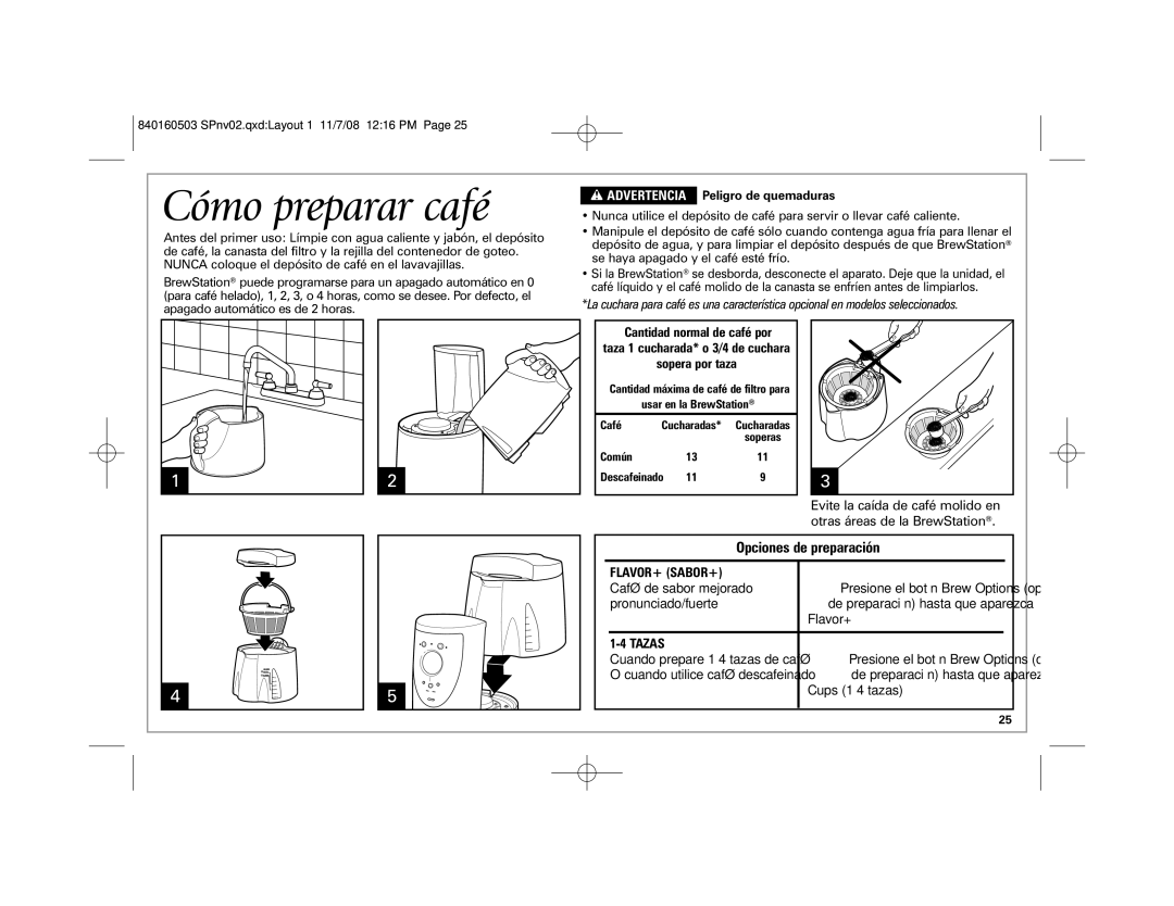 Hamilton Beach 47494, 47453, 47474C, 47454H, 47454J, 47474J manual Cómo preparar café, Opciones de preparación 