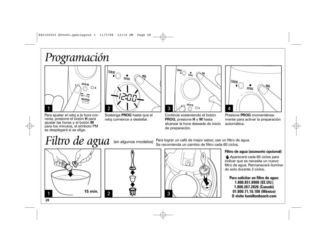 Hamilton Beach 47453, 47474C, 47454H Programación, min Filtro de agua accesorio opcional, Para solicitar un filtro de agua 