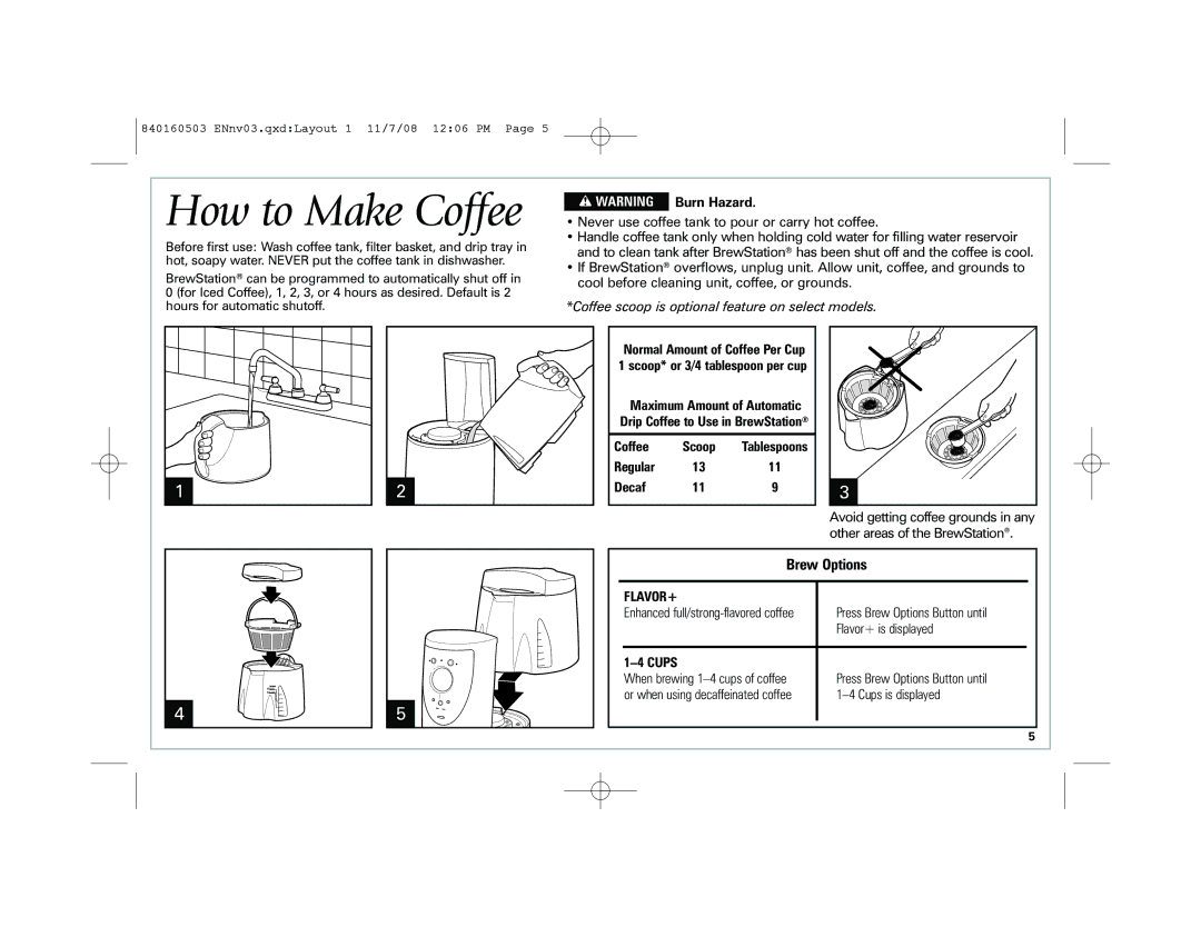 Hamilton Beach 47453, 47474C, 47454H, 47454J, 47494, 47474J manual How to Make Coffee, Brew Options, Regular Decaf, Cups 