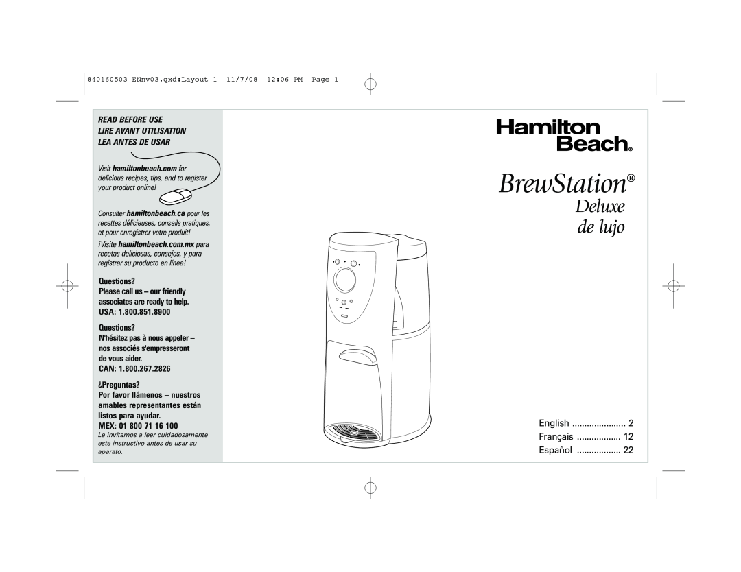 Hamilton Beach 47474C, 47453 manual BrewStation, Deluxe de lujo, Read Before Use, Lire Avant Utilisation Lea Antes De Usar 
