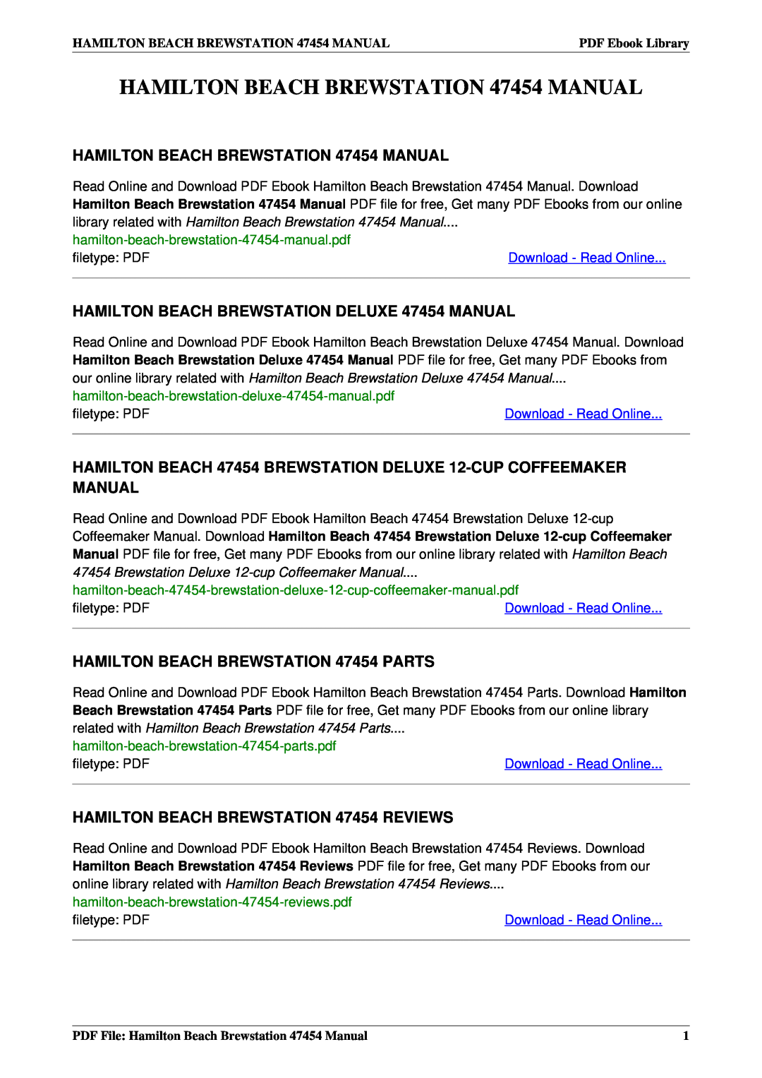 Hamilton Beach manual HAMILTON BEACH BREWSTATION 47454 MANUAL, HAMILTON BEACH BREWSTATION DELUXE 47454 MANUAL 