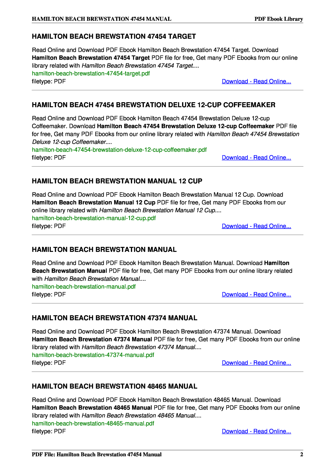 Hamilton Beach manual HAMILTON BEACH BREWSTATION 47454 TARGET, HAMILTON BEACH BREWSTATION MANUAL 12 CUP 