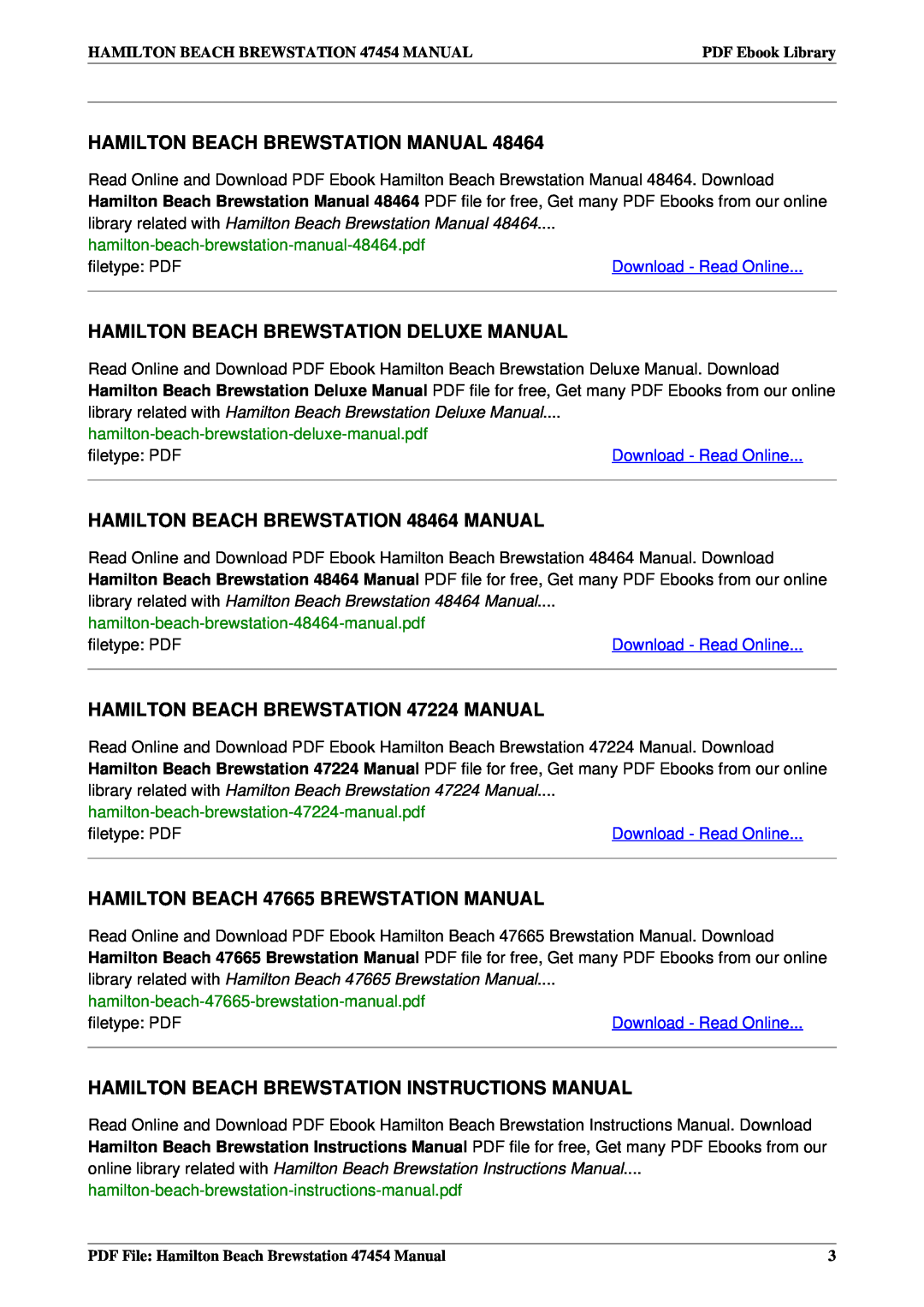 Hamilton Beach 47454 manual Hamilton Beach Brewstation Deluxe Manual, HAMILTON BEACH BREWSTATION 48464 MANUAL 