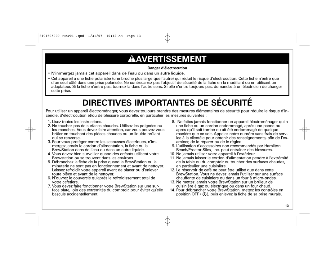 Hamilton Beach 47454C manual Directives Importantes DE Sécurité 