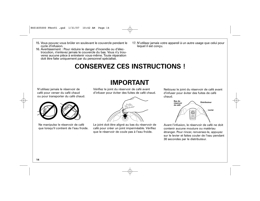 Hamilton Beach 47454C manual Conservez CES Instructions 