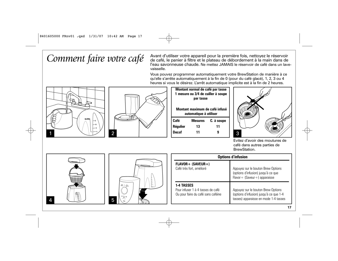 Hamilton Beach 47454C manual Options d’infusion, Café, Soupe Régulier Decaf 