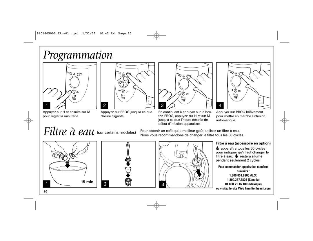 Hamilton Beach 47454C manual Programmation, min Filtre à eau accessoire en option 