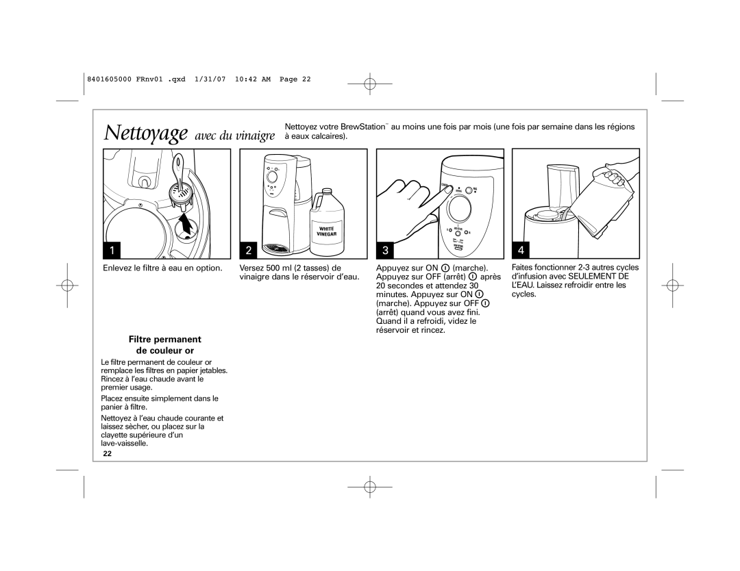 Hamilton Beach 47454C manual Nettoyage, Filtre permanent De couleur or 