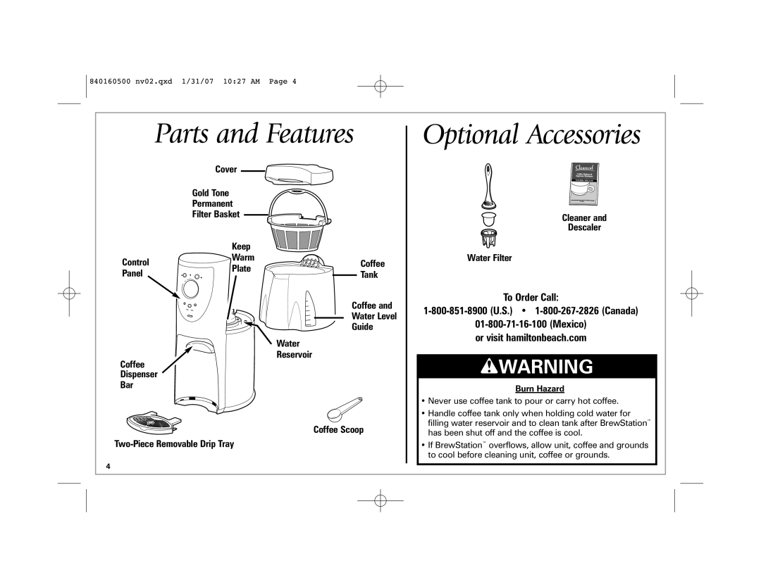 Hamilton Beach 47454C Parts and Features Optional Accessories, Cover Gold Tone Permanent Filter Basket, Control, Panel 