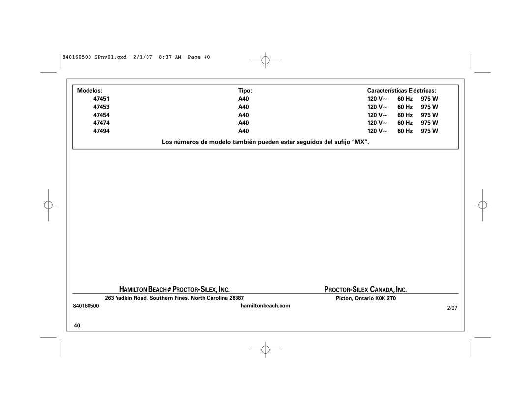 Hamilton Beach 47454C manual Modelos Tipo, 47451 A40 120 V~ 60 Hz, 47453 A40 120 V~ 60 Hz, 47454 A40 120 V~ 60 Hz 