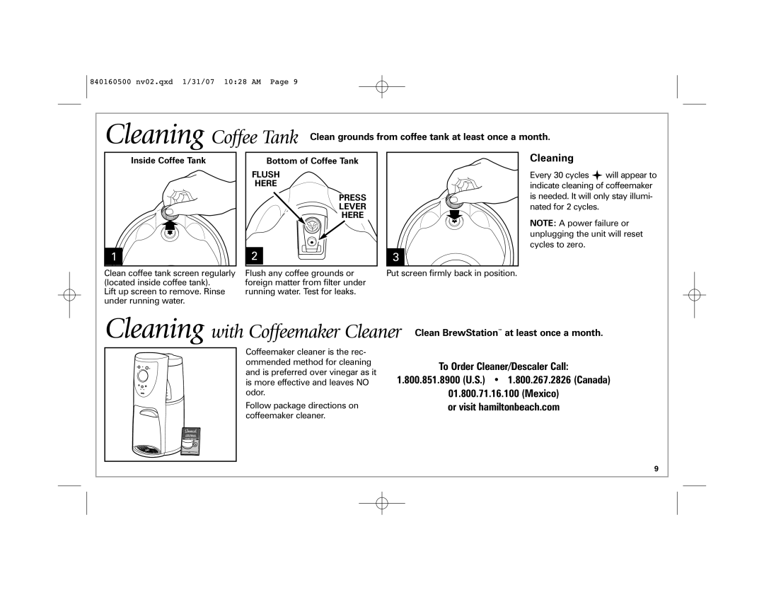 Hamilton Beach 47454C manual Cleaning, Inside Coffee Tank Bottom of Coffee Tank 