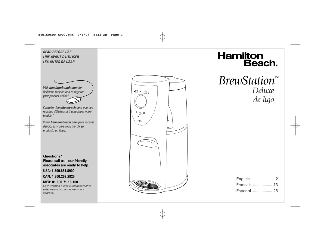 Hamilton Beach 47454C manual BrewStation, Deluxe de lujo, Read Before Use Lire Avant D’Utiliser Lea Antes De Usar, English 