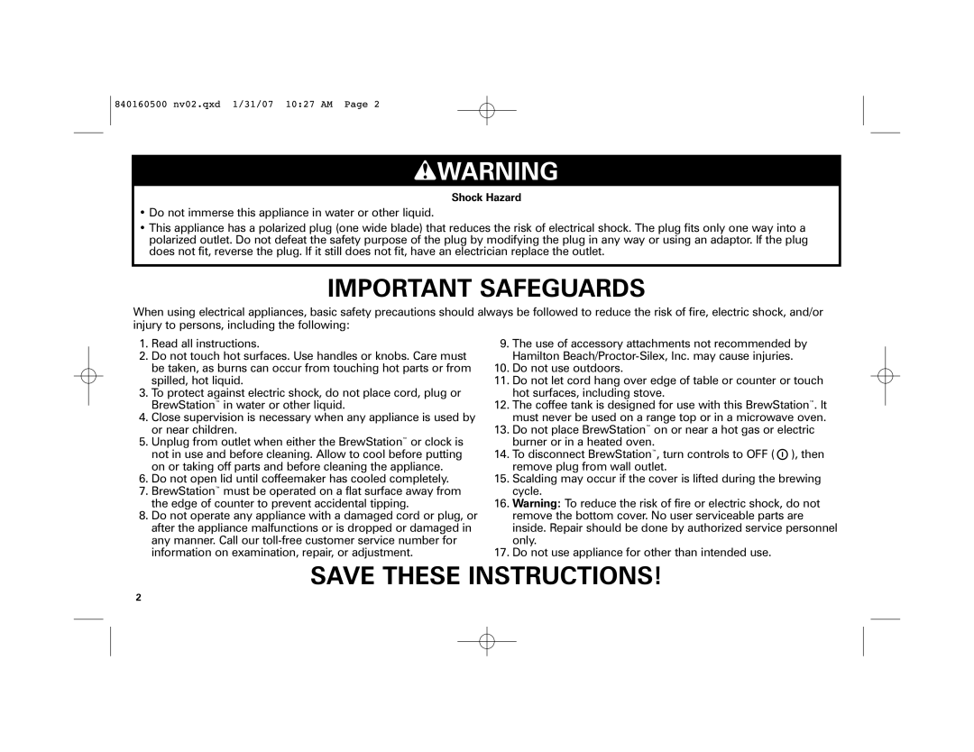 Hamilton Beach 47454C manual wWARNING, Important Safeguards, Save These Instructions 