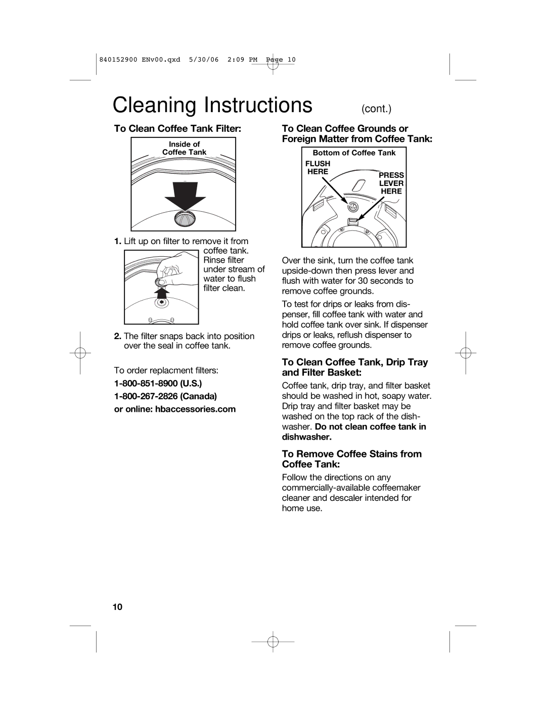 Hamilton Beach 47535C manual To Clean Coffee Tank Filter, To Clean Coffee Tank, Drip Tray and Filter Basket 