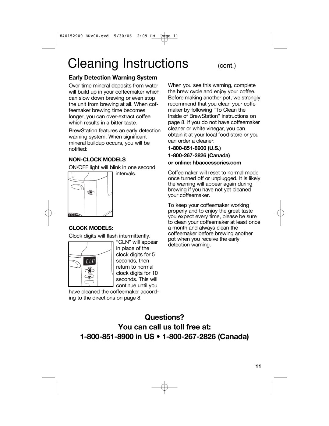 Hamilton Beach 47535C manual Early Detection Warning System, NON-CLOCK Models, Clock Models 