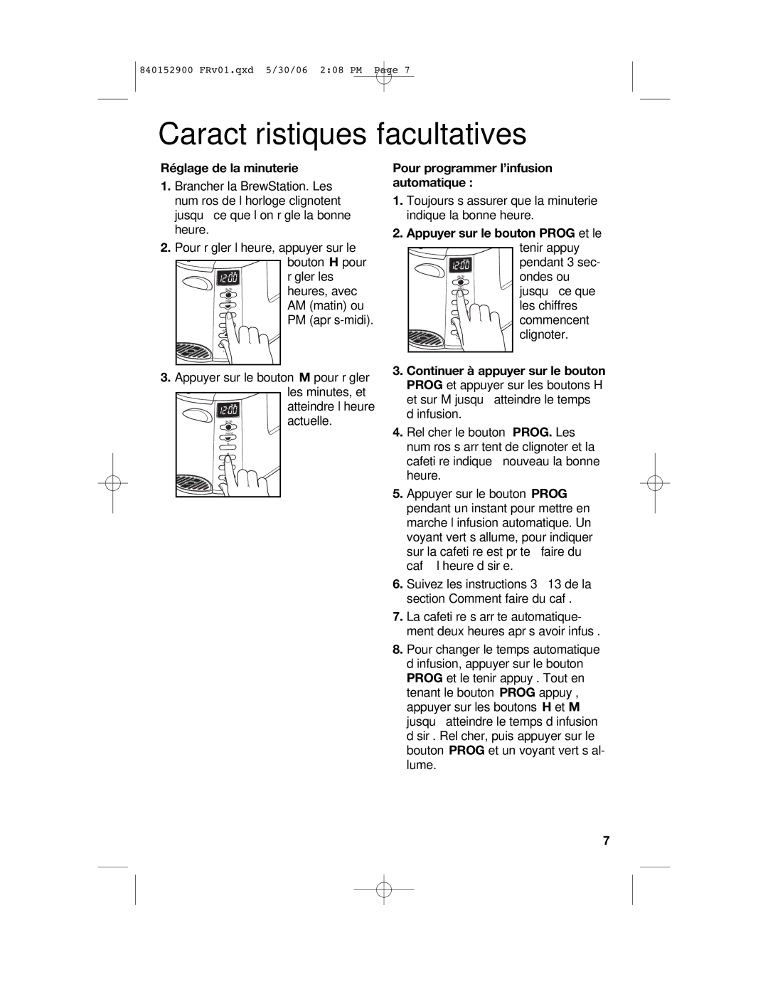Hamilton Beach 47535C manual Caractéristiques facultatives, Réglage de la minuterie, Pour programmer l’infusion automatique 