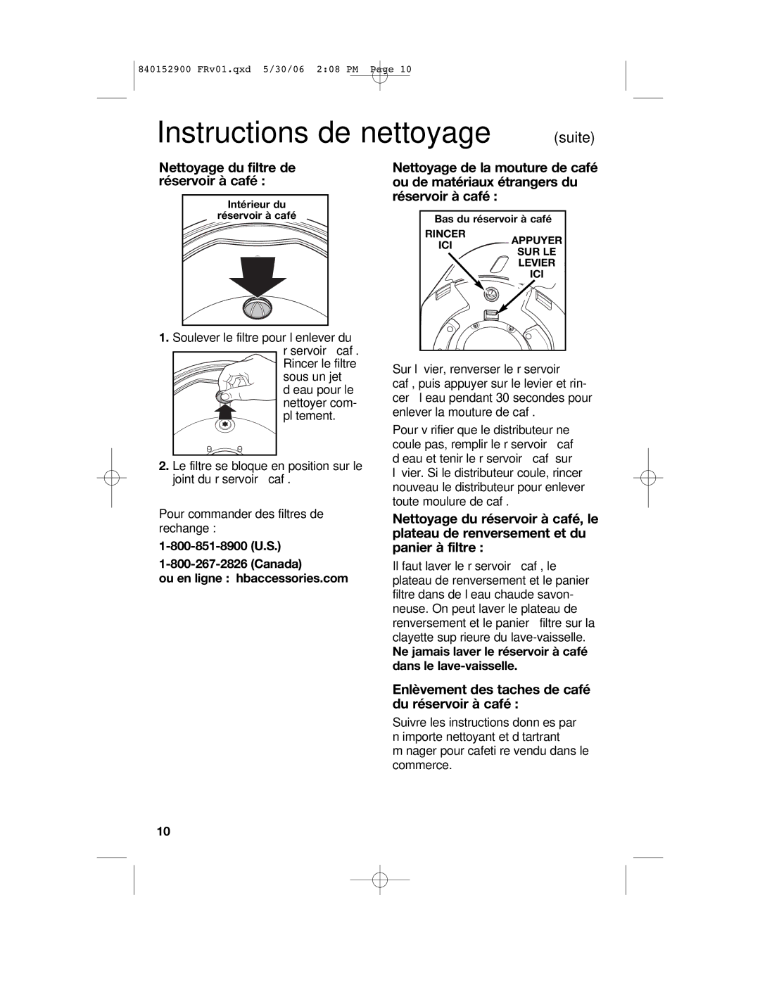 Hamilton Beach 47535C manual Instructions de nettoyage suite, Nettoyage du filtre de réservoir à café 