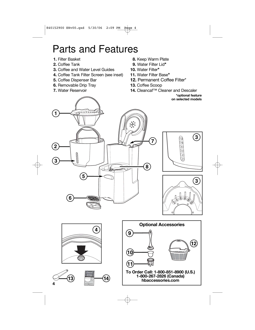 Hamilton Beach 47535C manual Parts and Features, Permanent Coffee Filter, Optional Accessories 