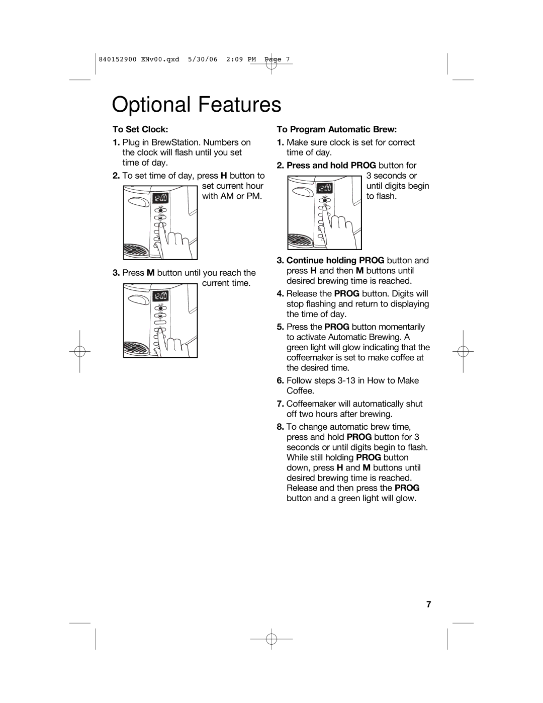 Hamilton Beach 47535C manual Optional Features, To Set Clock, To Program Automatic Brew 