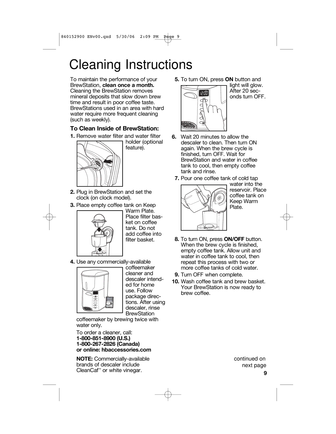 Hamilton Beach 47535C manual Cleaning Instructions, To Clean Inside of BrewStation, Canada Or online hbaccessories.com 