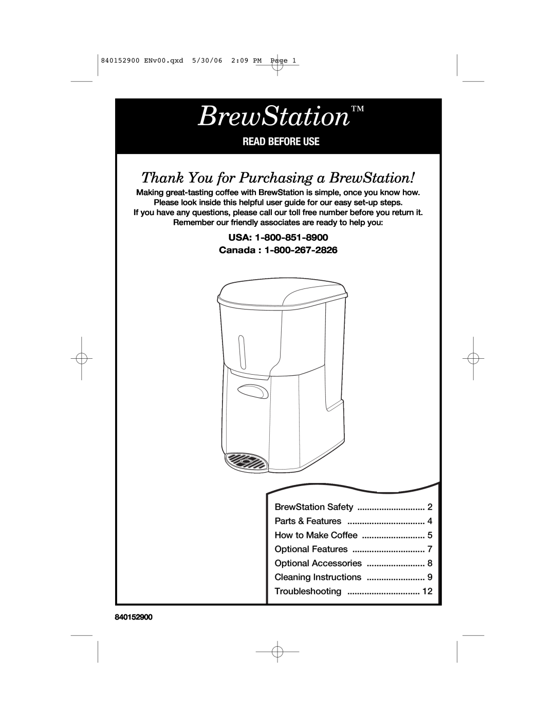 Hamilton Beach 47535C manual Thank You for Purchasing a BrewStation, Read Before Use, USA Canada 