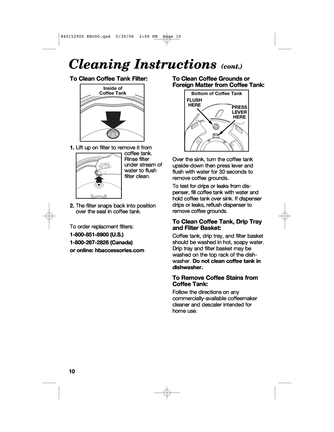 Hamilton Beach 47535C Cleaning Instructions cont, To Clean Coffee Tank Filter, To Remove Coffee Stains from Coffee Tank 