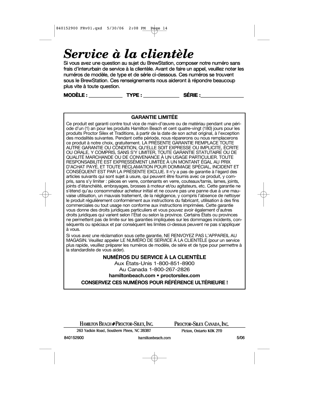 Hamilton Beach 47535C manual Service à la clientèle, Numéros Du Service À La Clientèle, Modèle Type Série Garantie Limitée 