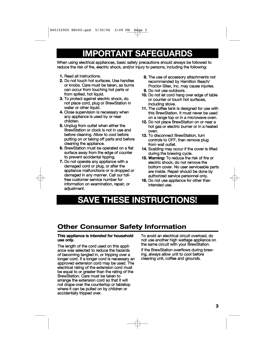 Hamilton Beach 47535C manual Important Safeguards, Save These Instructions, Other Consumer Safety Information 