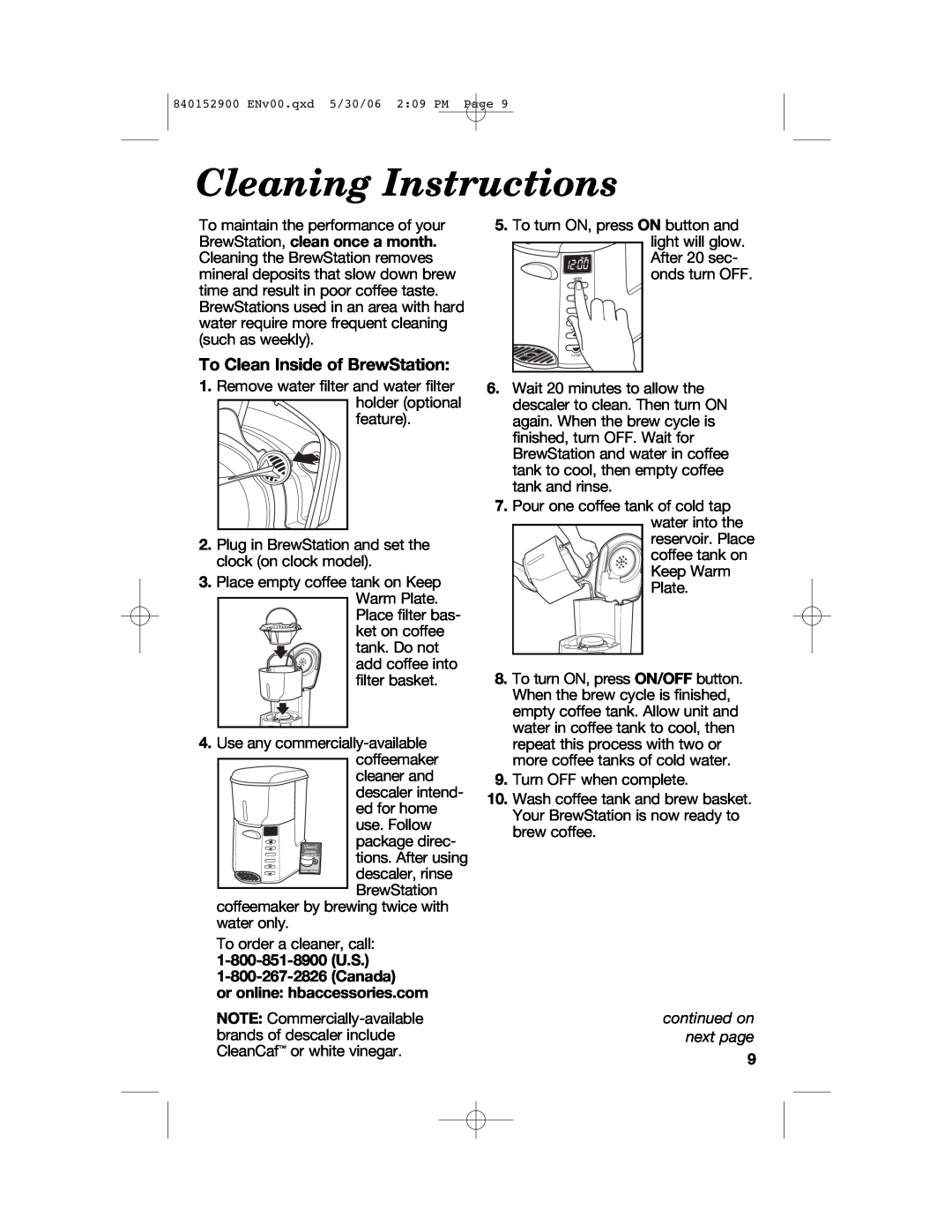 Hamilton Beach 47535C manual Cleaning Instructions, To Clean Inside of BrewStation, or online hbaccessories.com 