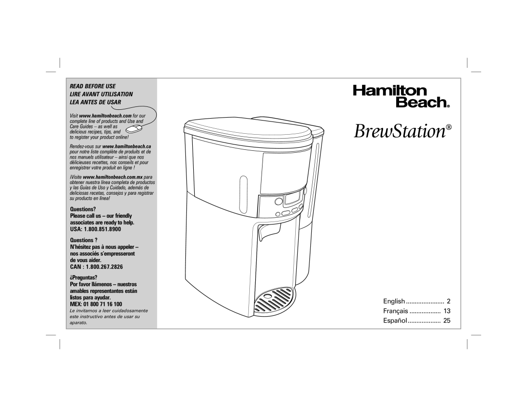 Hamilton Beach 47900 manual BrewStation, Questions?, Questions ?, Can ¿Preguntas?, MEX 01 800 71 16 