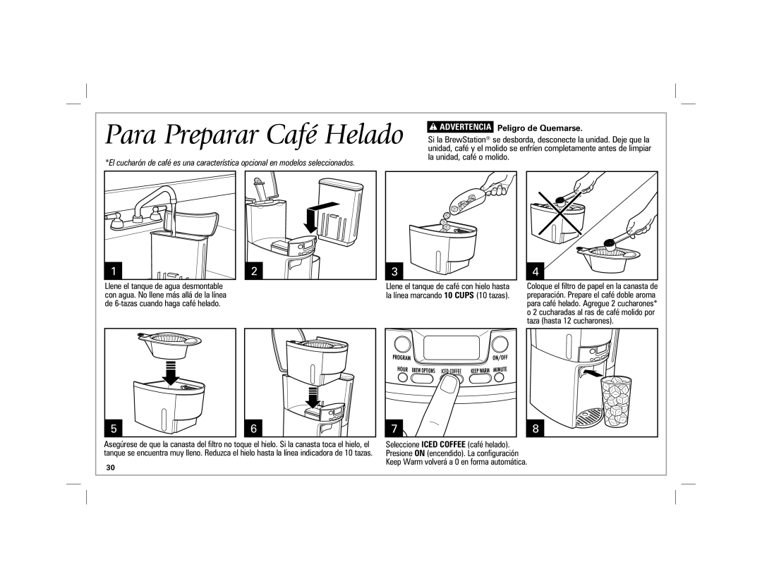 Hamilton Beach 47900 manual Para Preparar Café Helado, Advertencia Peligro de Quemarse 