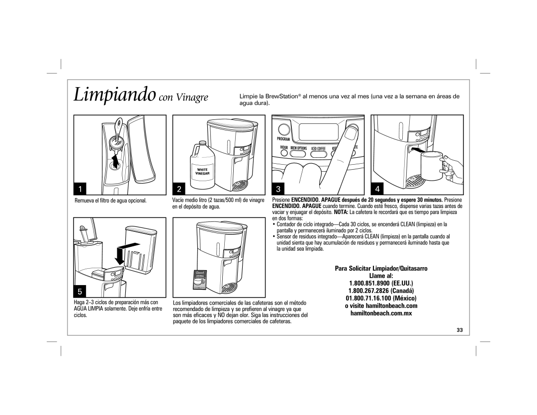 Hamilton Beach 47900 manual Limpiando con Vinagre, Para Solicitar Limpiador/Quitasarro Llame al 