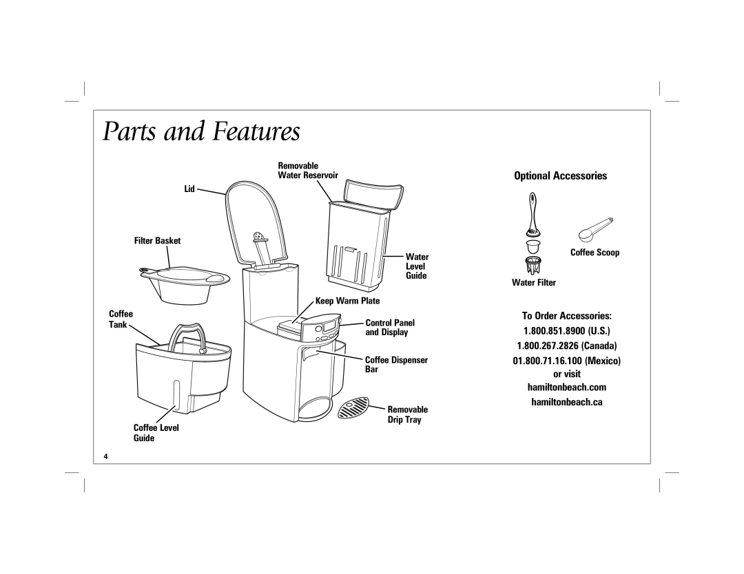 Hamilton Beach 47900 manual Parts and Features, Removable Water Reservoir Lid 