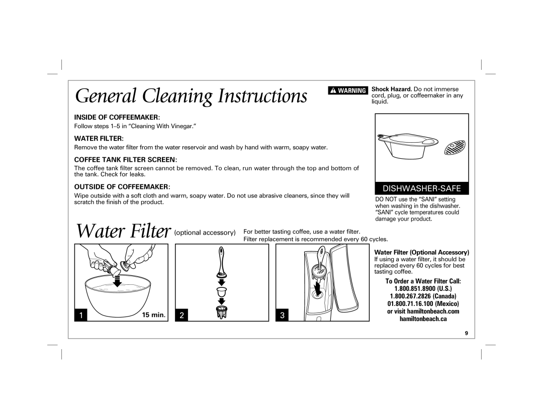 Hamilton Beach 47900 manual Inside of Coffeemaker, Water Filter, Coffee Tank Filter Screen, Outside of Coffeemaker 