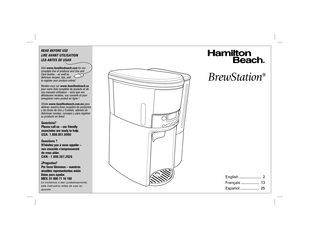 Hamilton Beach 47900 manual BrewStation, Read Before Use Lire Avant Utilisation Lea Antes De Usar, Questions?, Questions ? 
