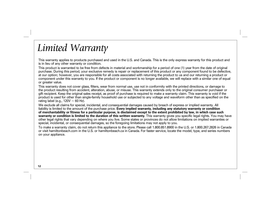 Hamilton Beach 47900 manual Limited Warranty 