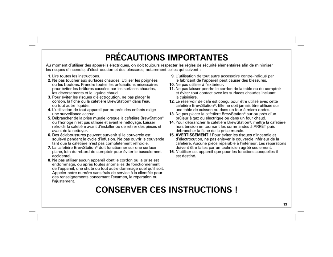 Hamilton Beach 47900 manual Précautions Importantes, Conserver Ces Instructions 