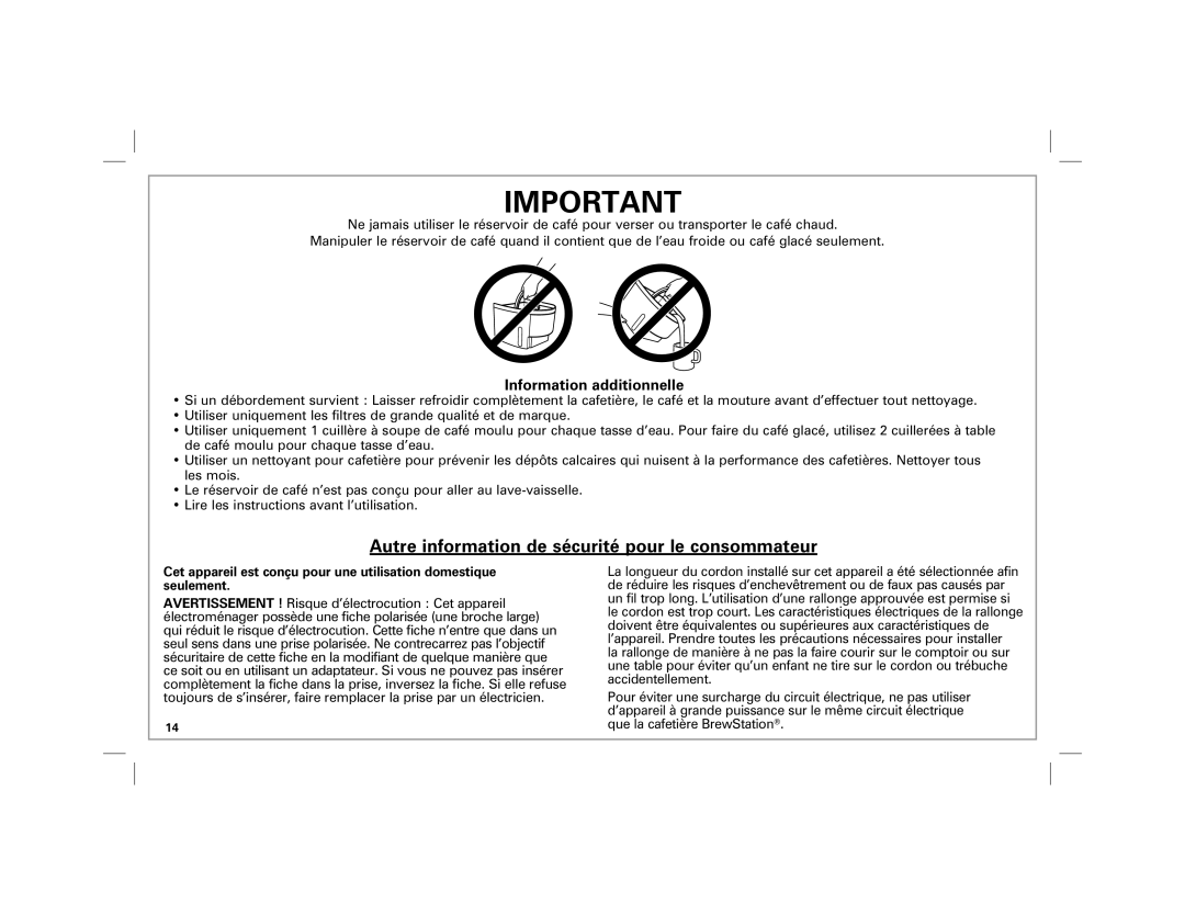 Hamilton Beach 47900 manual Autre information de sécurité pour le consommateur, Information additionnelle 